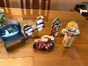Vintage Folk Art Wooden Christmas & Winter Tabletop Figurine Lot - Set of 6